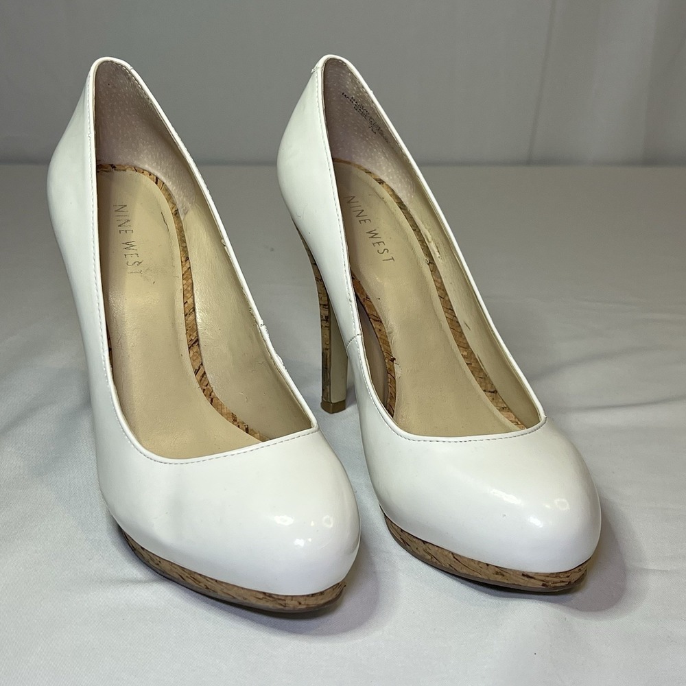 Nine West Women's Size 7 Pump White Cork Natural Leather 4" High Heel Dress Nice